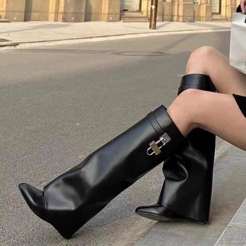 Brand Designer 2025 Winter New Outdoor Office Comfortable Slip-on Women's Knee-high Boots Casual Gothic Motorcycle Boots 35-41
