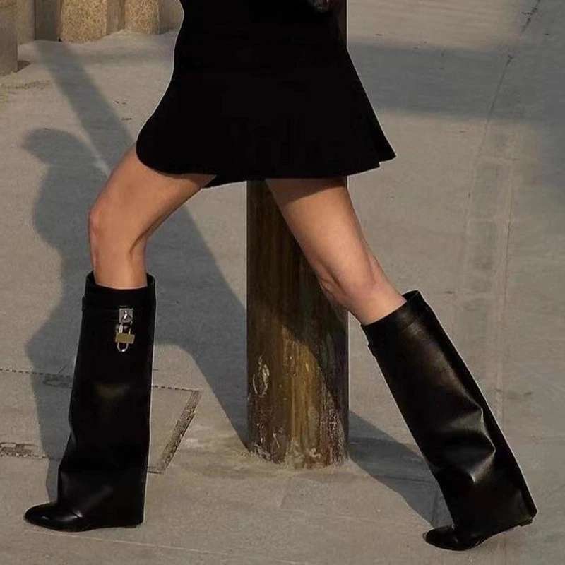 Brand Designer 2025 Winter New Outdoor Office Comfortable Slip-on Women's Knee-high Boots Casual Gothic Motorcycle Boots 35-41