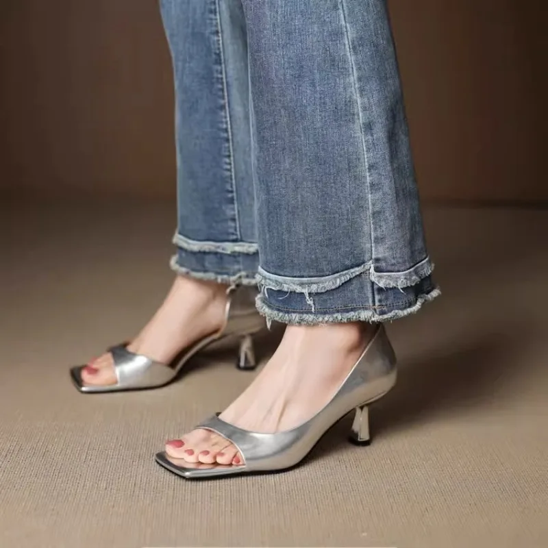 Summer Fashion Ladies' High-heeled Sandals, Sexy Cowhide Square Toe Slip-on Party Shoes, Women's Formal Shoes in Sizes 34 To 40