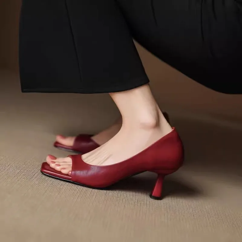 Summer Fashion Ladies' High-heeled Sandals, Sexy Cowhide Square Toe Slip-on Party Shoes, Women's Formal Shoes in Sizes 34 To 40