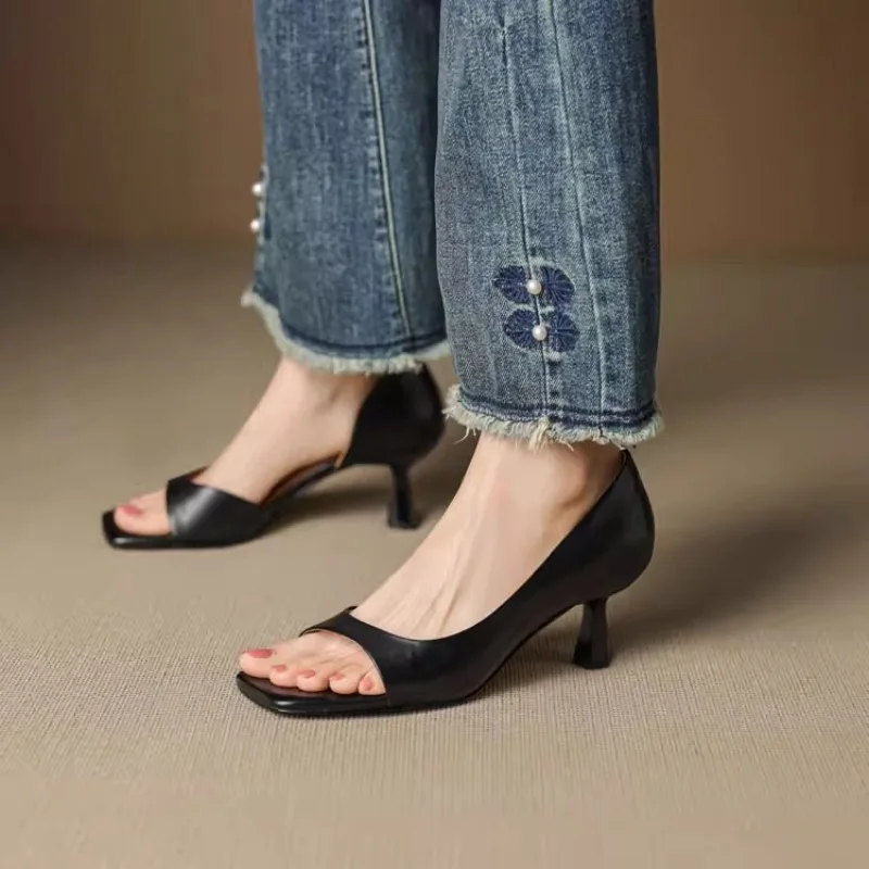 Summer Fashion Ladies' High-heeled Sandals, Sexy Cowhide Square Toe Slip-on Party Shoes, Women's Formal Shoes in Sizes 34 To 40