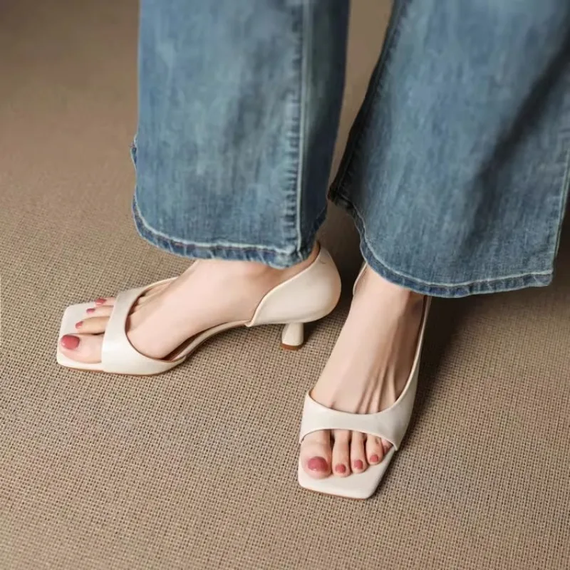Summer Fashion Ladies' High-heeled Sandals, Sexy Cowhide Square Toe Slip-on Party Shoes, Women's Formal Shoes in Sizes 34 To 40