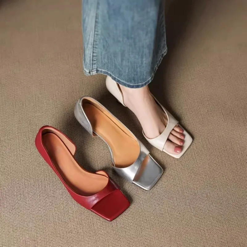 Summer Fashion Ladies' High-heeled Sandals, Sexy Cowhide Square Toe Slip-on Party Shoes, Women's Formal Shoes in Sizes 34 To 40