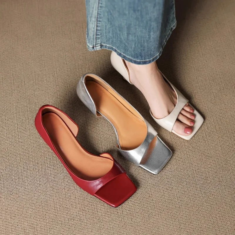 Summer Fashion Ladies' High-heeled Sandals, Sexy Cowhide Square Toe Slip-on Party Shoes, Women's Formal Shoes in Sizes 34 To 40