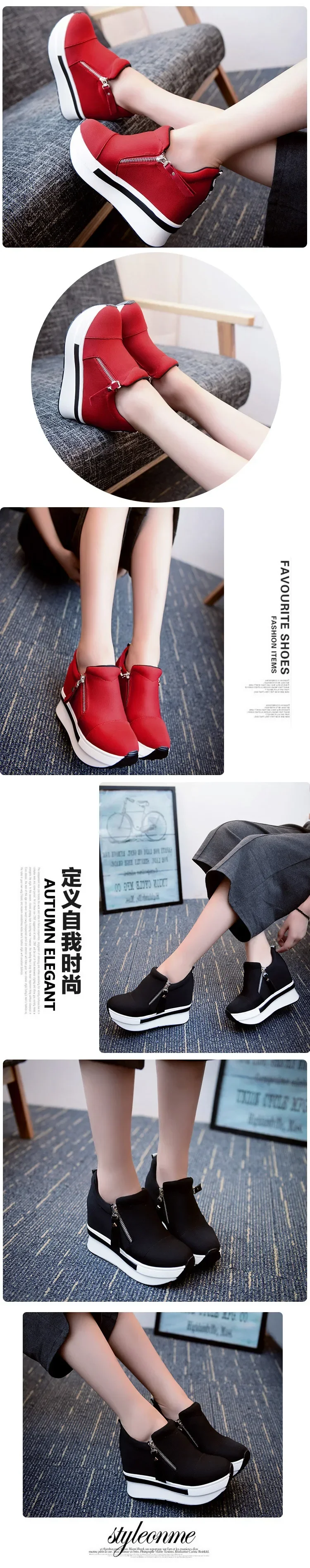 2024 New Platform Sneakers Women Shoes Red Casual Shoes Comfortable Heels Black Canvas Shoes Women Invisible Wedge Sneaker