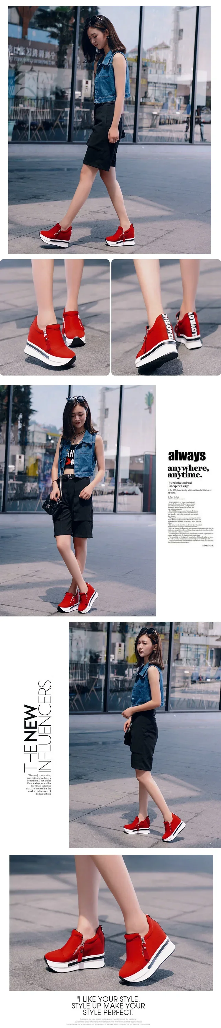 2024 New Platform Sneakers Women Shoes Red Casual Shoes Comfortable Heels Black Canvas Shoes Women Invisible Wedge Sneaker