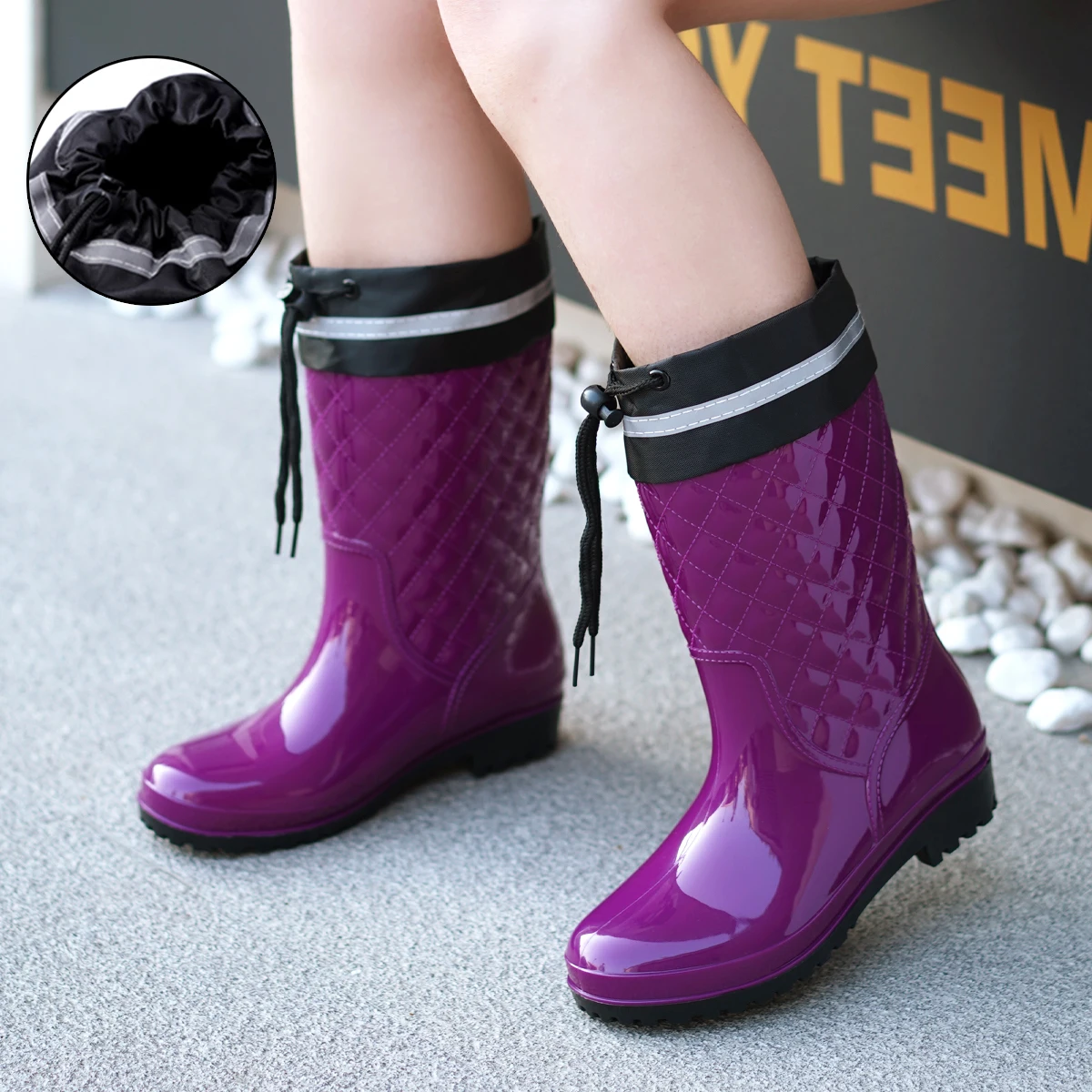 Minimalist Style Outdoor Work Kitchen Anti Slip Waterproof Drawstring Drum Mouth All Season Universal Women's Rain Boots