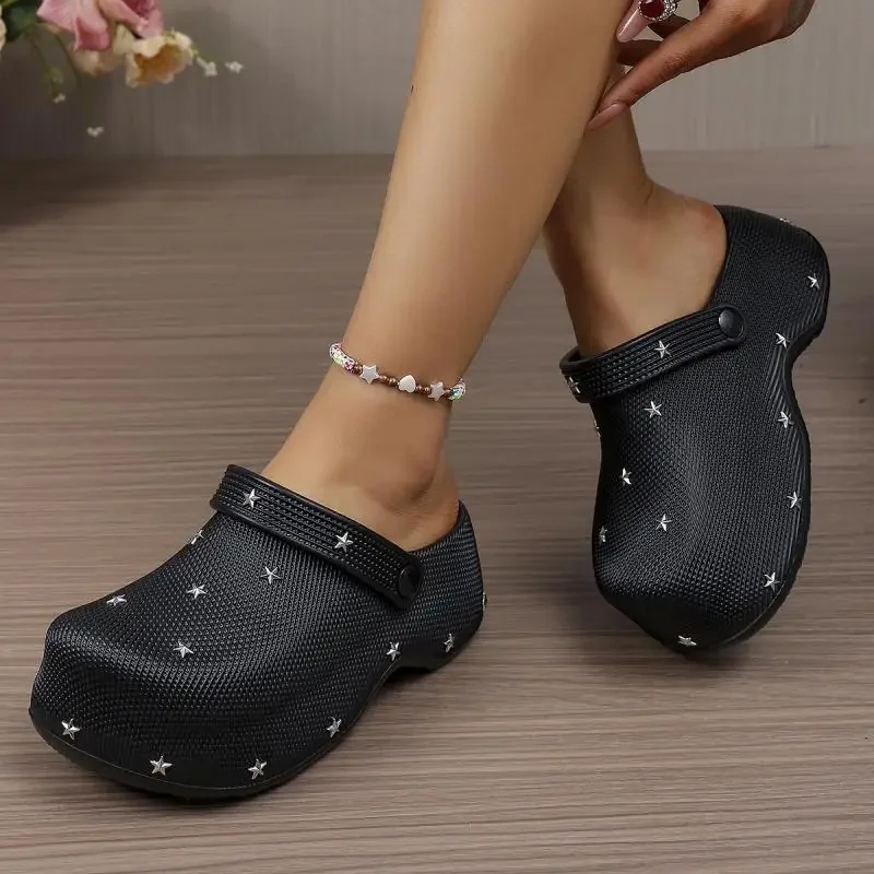 Y2K Metal Star Chunky Platform Clogs Sandals Women Summer 2026 Soft Thick Bottom Garden Shoes Woman's Lightweight Beach Slippers