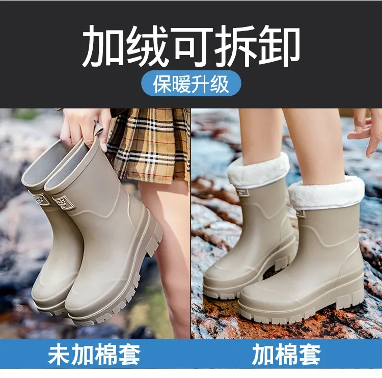 2026Fashionable Korean Women's Mid-Calf Rain Boots Thick Bottom Wear-Resistant Anti-Slip Waterproof Car Wash Shoes Water-Proof