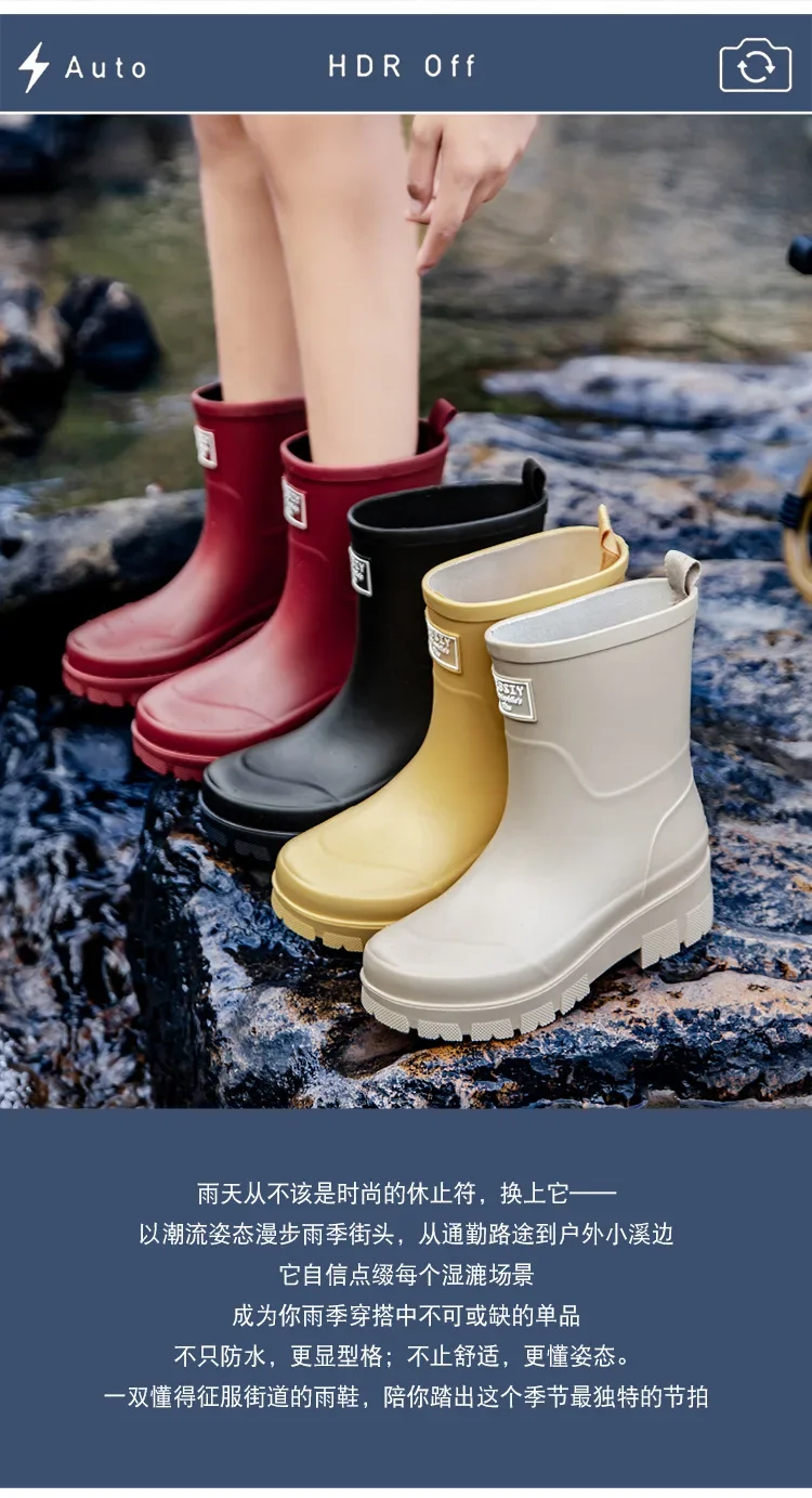 2026Fashionable Korean Women's Mid-Calf Rain Boots Thick Bottom Wear-Resistant Anti-Slip Waterproof Car Wash Shoes Water-Proof