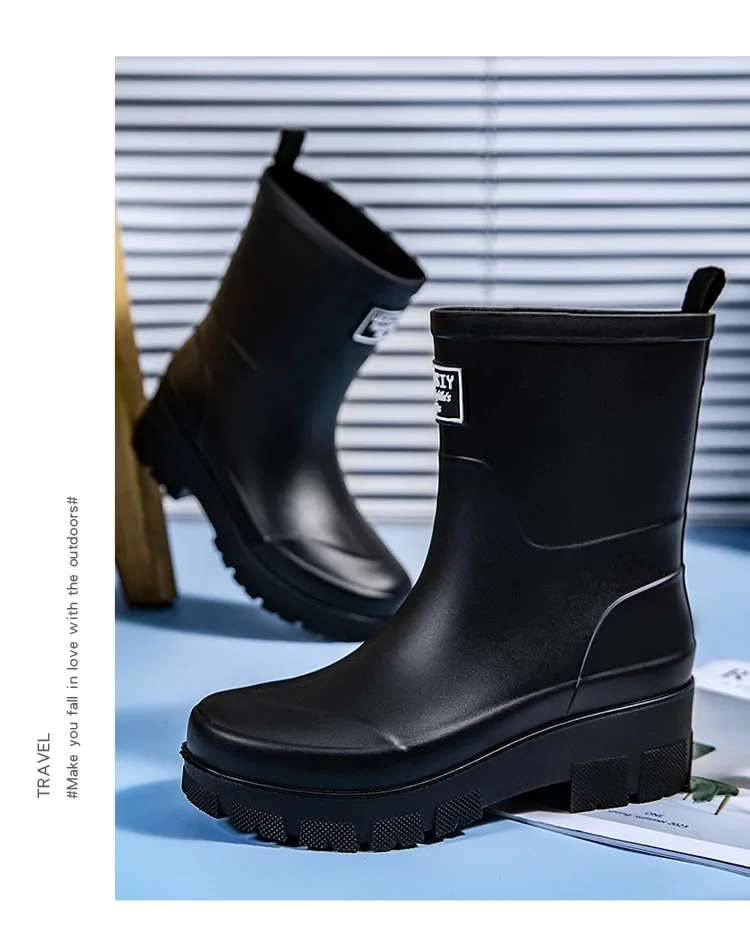 2026Fashionable Korean Women's Mid-Calf Rain Boots Thick Bottom Wear-Resistant Anti-Slip Waterproof Car Wash Shoes Water-Proof