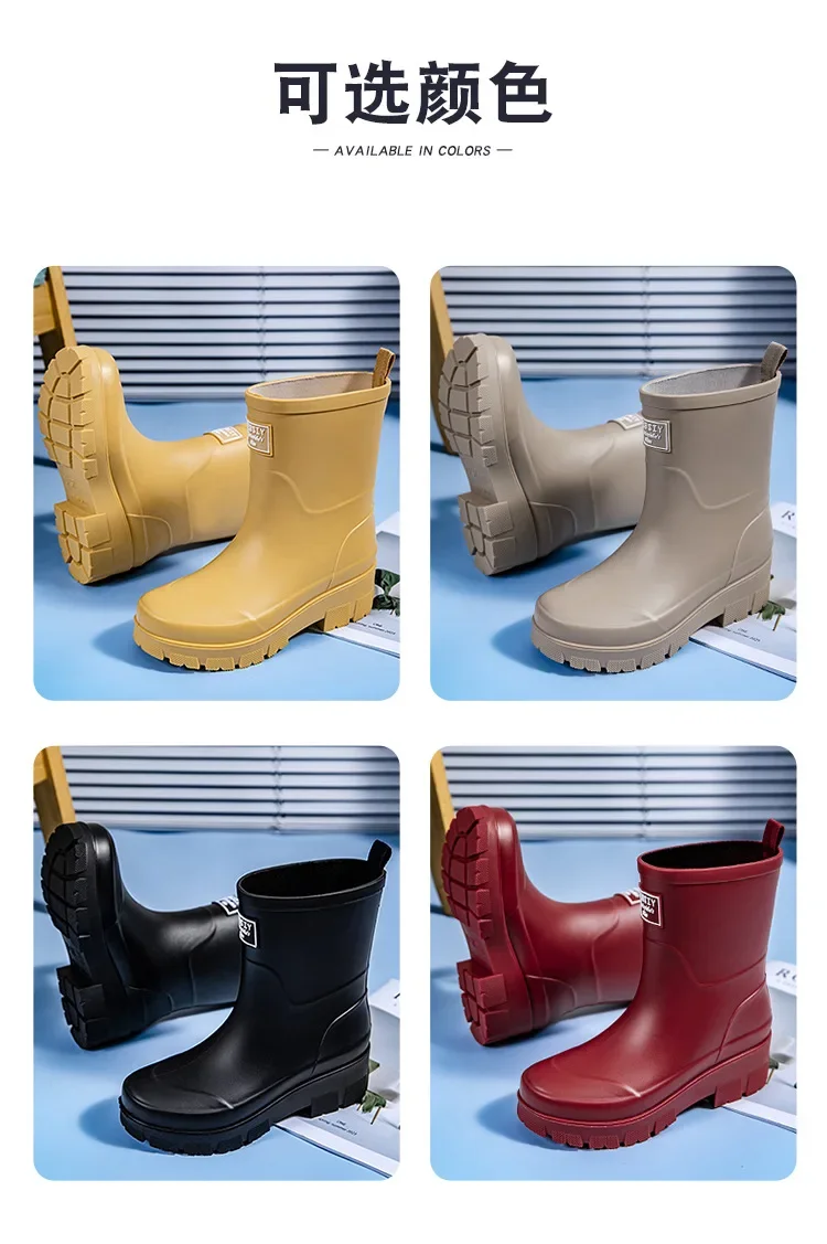 2026Fashionable Korean Women's Mid-Calf Rain Boots Thick Bottom Wear-Resistant Anti-Slip Waterproof Car Wash Shoes Water-Proof
