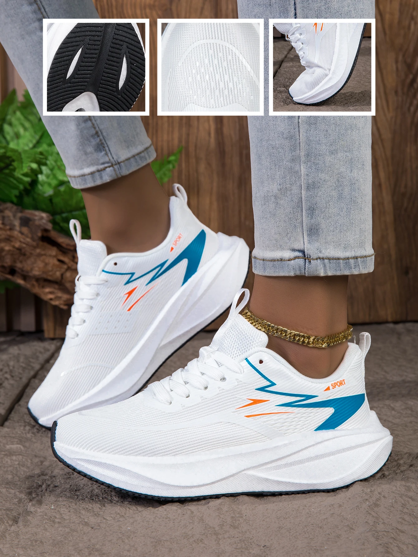 Women's Breathable Mesh Running Sneakers, Lightweight Cushioning Wedge-Shaped Thick-Soled Casual Running Shoes, Non-Slip Rubber Outsole, Walking Training Shoes, Trendy White and Blue Color Scheme, Daily Jogging Fitness Casual Shoes
