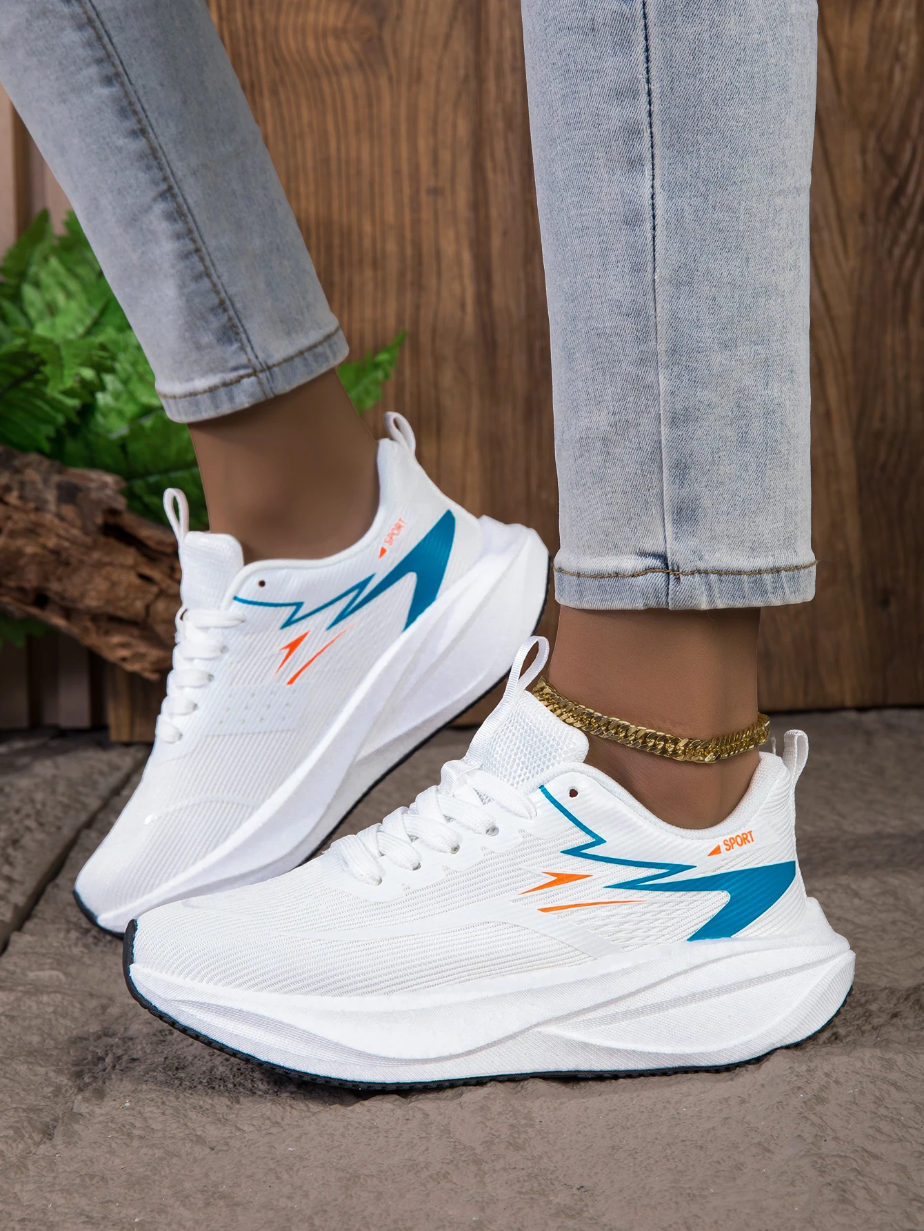 Women's Breathable Mesh Running Sneakers, Lightweight Cushioning Wedge-Shaped Thick-Soled Casual Running Shoes, Non-Slip Rubber Outsole, Walking Training Shoes, Trendy White and Blue Color Scheme, Daily Jogging Fitness Casual Shoes