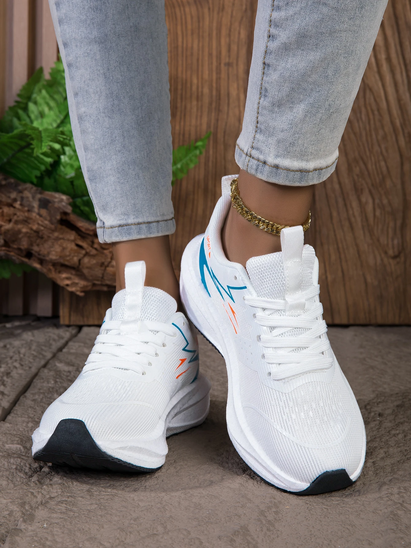 Women's Breathable Mesh Running Sneakers, Lightweight Cushioning Wedge-Shaped Thick-Soled Casual Running Shoes, Non-Slip Rubber Outsole, Walking Training Shoes, Trendy White and Blue Color Scheme, Daily Jogging Fitness Casual Shoes