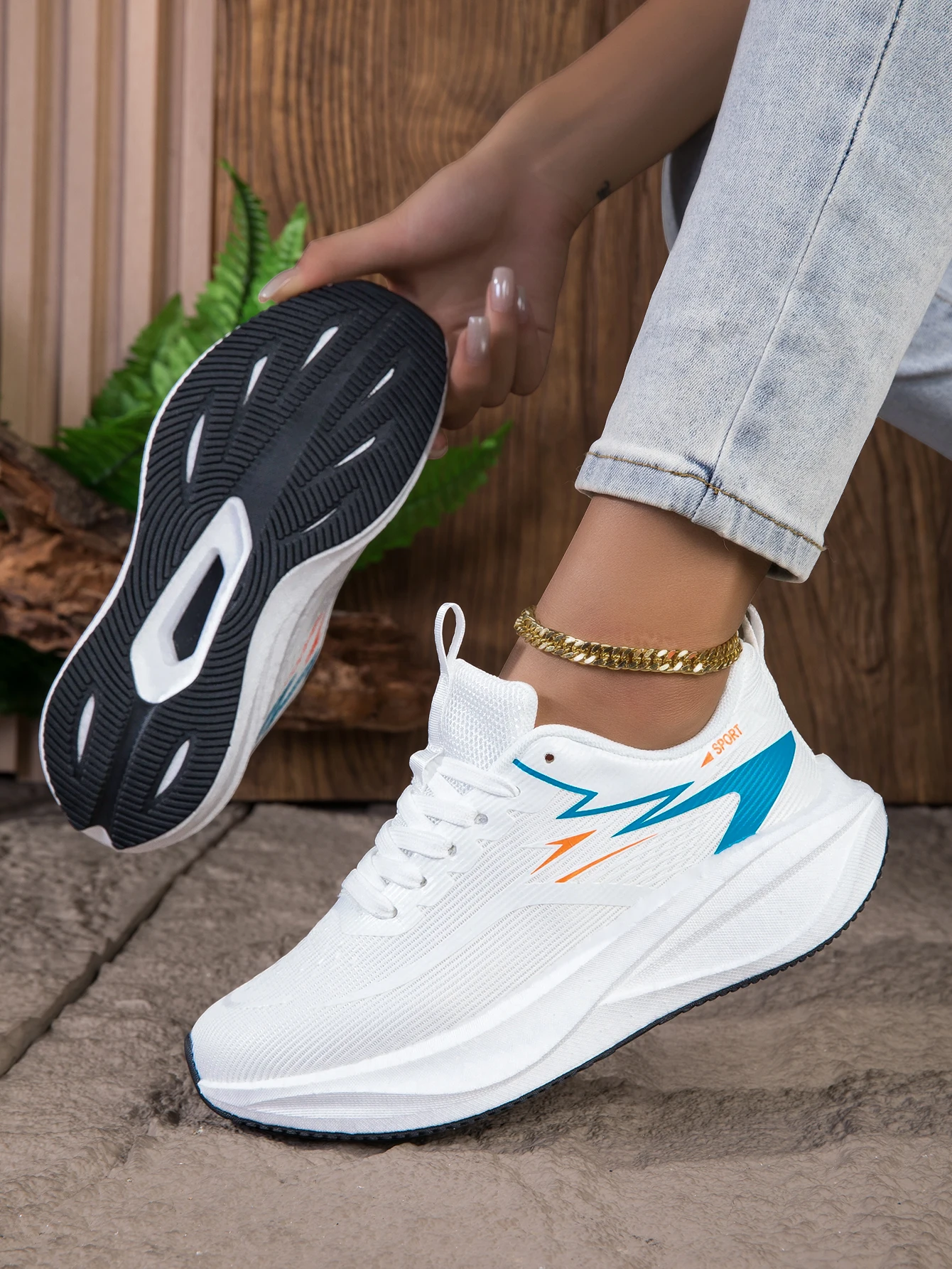 Women's Breathable Mesh Running Sneakers, Lightweight Cushioning Wedge-Shaped Thick-Soled Casual Running Shoes, Non-Slip Rubber Outsole, Walking Training Shoes, Trendy White and Blue Color Scheme, Daily Jogging Fitness Casual Shoes