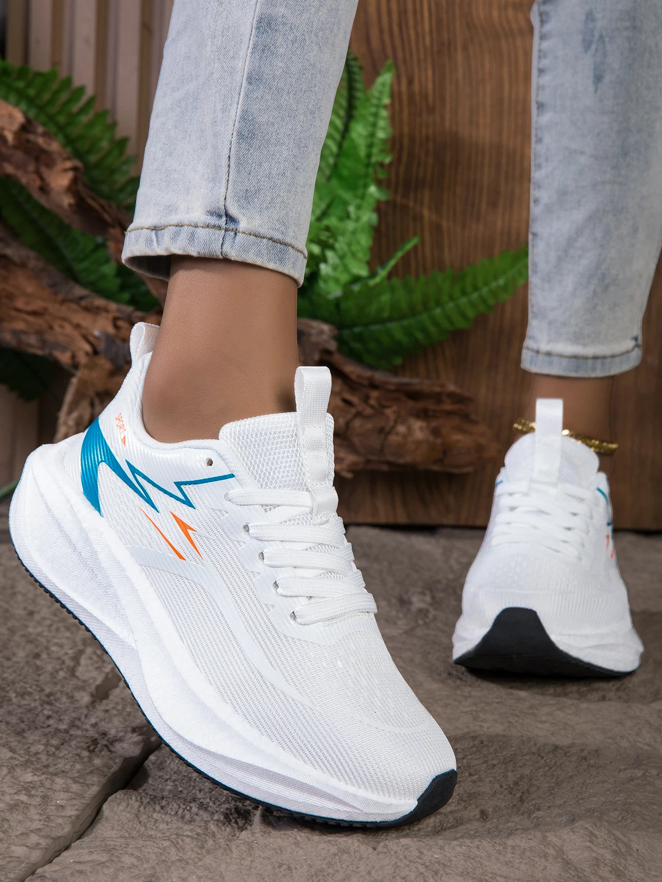 Women's Breathable Mesh Running Sneakers, Lightweight Cushioning Wedge-Shaped Thick-Soled Casual Running Shoes, Non-Slip Rubber Outsole, Walking Training Shoes, Trendy White and Blue Color Scheme, Daily Jogging Fitness Casual Shoes