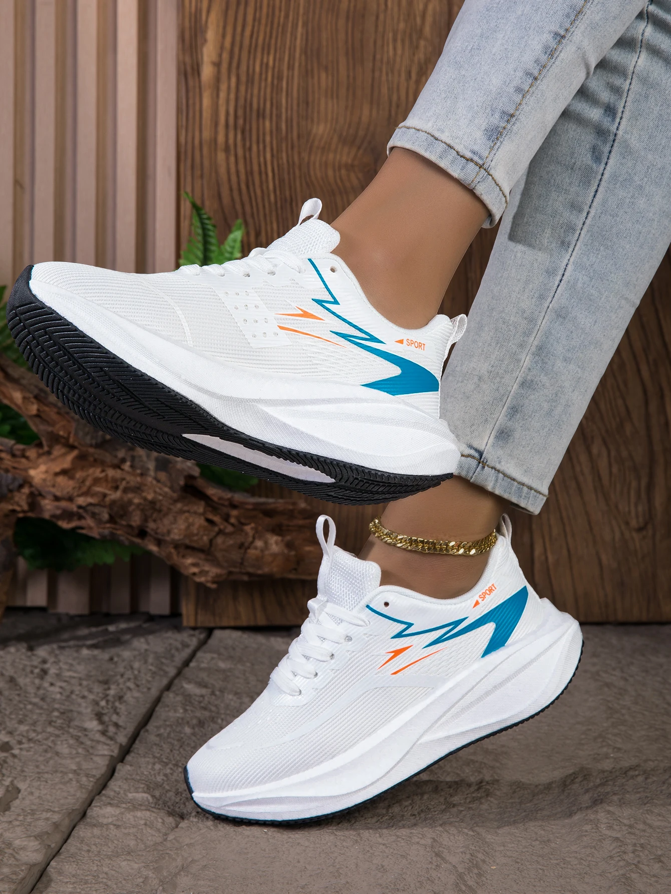 Women's Breathable Mesh Running Sneakers, Lightweight Cushioning Wedge-Shaped Thick-Soled Casual Running Shoes, Non-Slip Rubber Outsole, Walking Training Shoes, Trendy White and Blue Color Scheme, Daily Jogging Fitness Casual Shoes