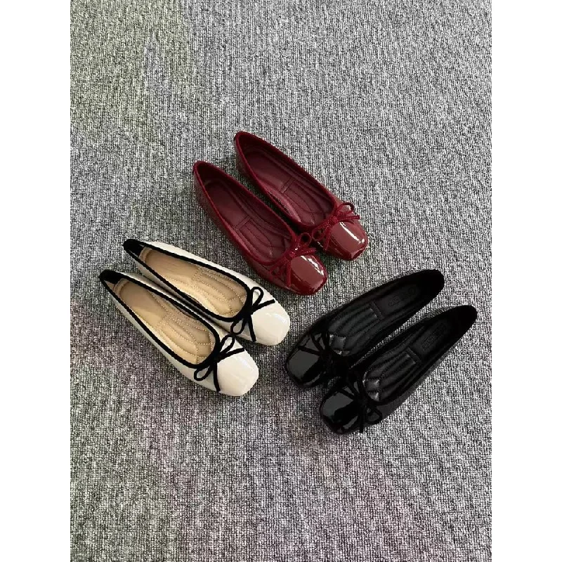 2026 New Women's Patent Leather Bow Ballet Flats, Square Toe Soft Sole Slip-on Casual Shoes for Spring Summer