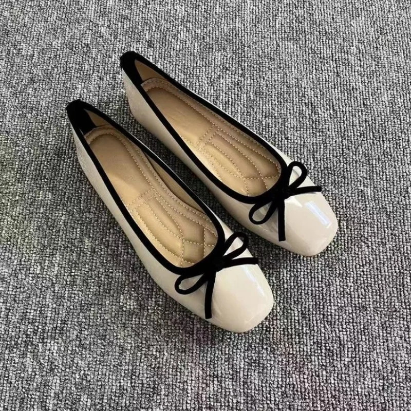 2026 New Women's Patent Leather Bow Ballet Flats, Square Toe Soft Sole Slip-on Casual Shoes for Spring Summer