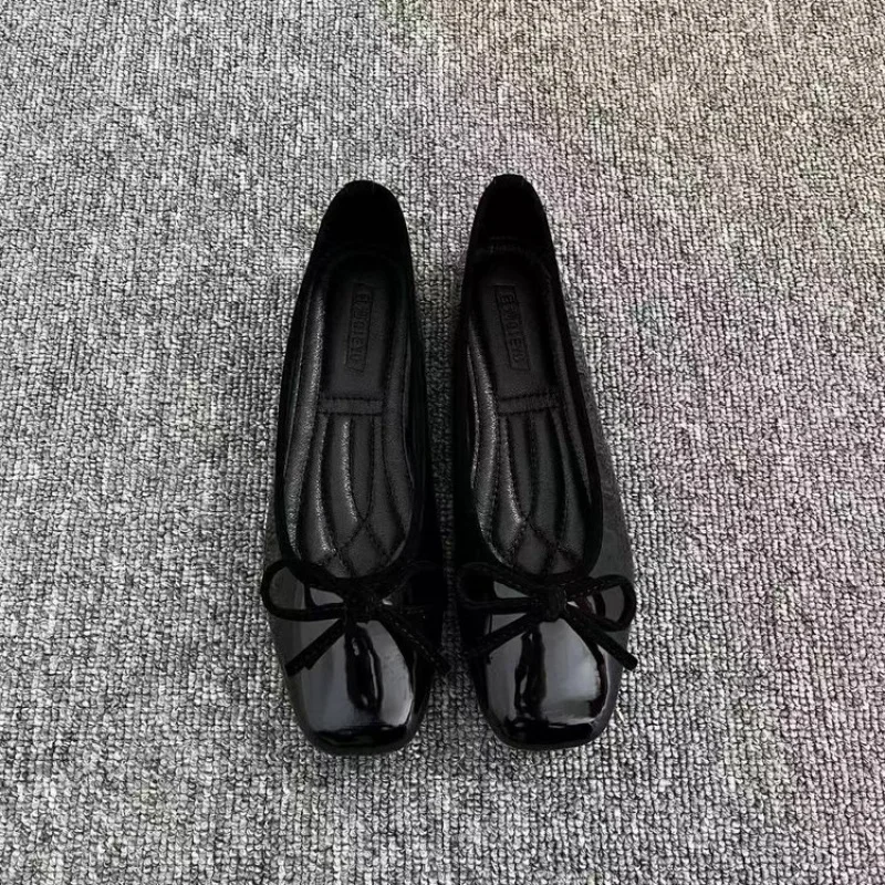 2026 New Women's Patent Leather Bow Ballet Flats, Square Toe Soft Sole Slip-on Casual Shoes for Spring Summer