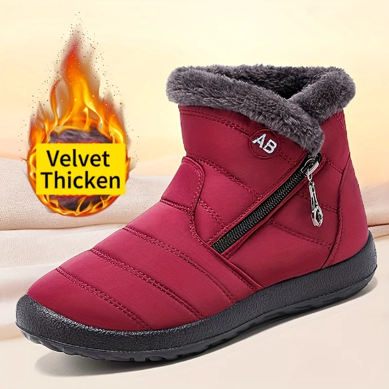 Winter Snow Ankle Boots, Full Deep Fuzzy Plush Inner Lining, Side Diagonal Zipper with Decorative Ring Pull Outdoor Cold Shoes