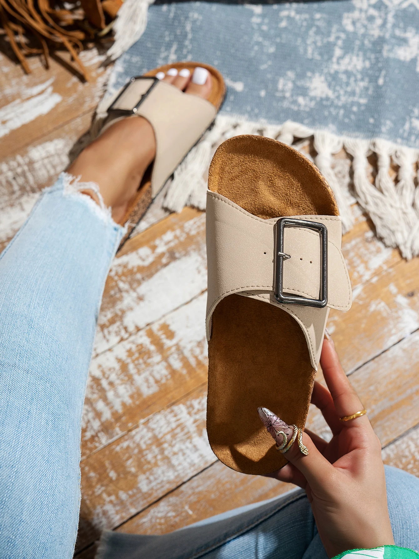 Women's Youth Mules New Spring/Summer Retro Casual Slip-On Shoes with Cork Texture Pu Upper, Double-Strap Half-Slipper Flat Slippers with Adjustable Buckle, Suitable for Indoor Home Wear, Available in Multiple Sizes