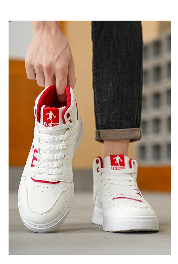 Men's White High-Top Color Block Sneakers, Lace-Up Casual Skate Shoes for Streetwear