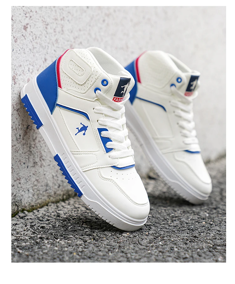 Men's White High-Top Color Block Sneakers, Lace-Up Casual Skate Shoes for Streetwear