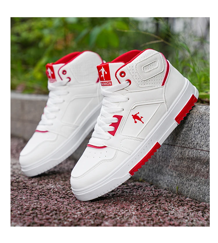 Men's White High-Top Color Block Sneakers, Lace-Up Casual Skate Shoes for Streetwear