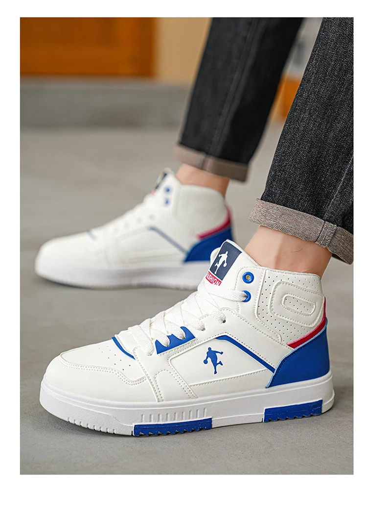 Men's White High-Top Color Block Sneakers, Lace-Up Casual Skate Shoes for Streetwear