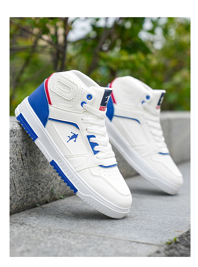 Men's White High-Top Color Block Sneakers, Lace-Up Casual Skate Shoes for Streetwear