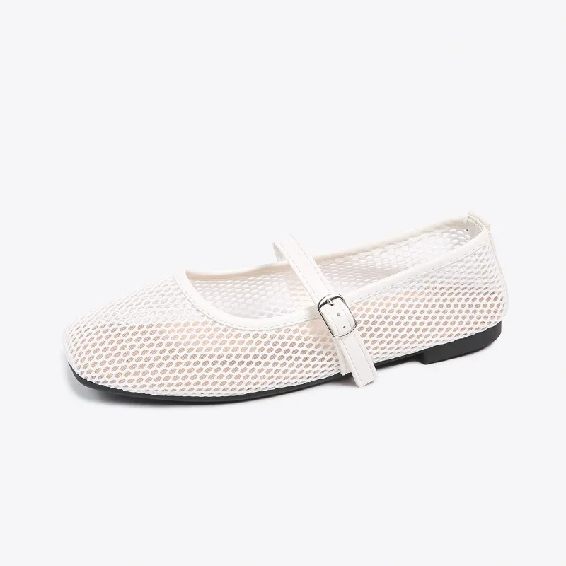Summer Ladies Mesh Hollow Out Mary Jane Flat Pumps Square Toe Adjustable Buckle Strap Comfort Soft Flat Sole Casual Daily Shoes