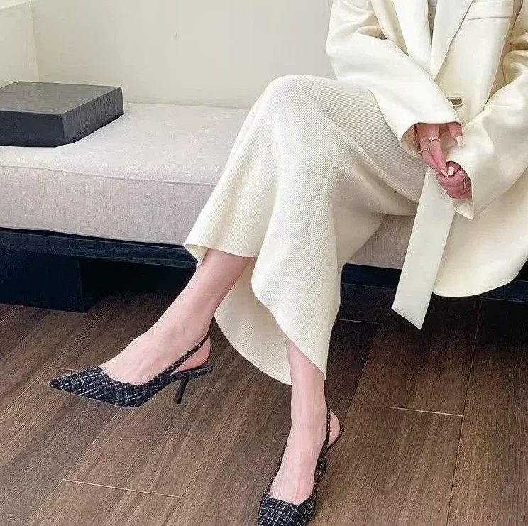 Fashion Brand Designed Knitted Platform Heels for Women, Pointed-Toe Party Shoes, Comfortable Large-Size Summer Stiletto Sandals