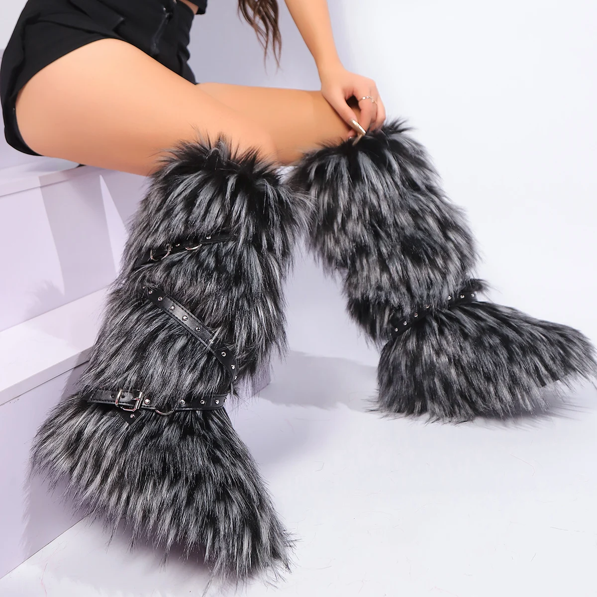Red Animal Fur Belt Buckle Mid-Calf Boots Platform Round Toe Plush Warm Winter Women's Boots Slip On Rivet Runway Shoes Sexy