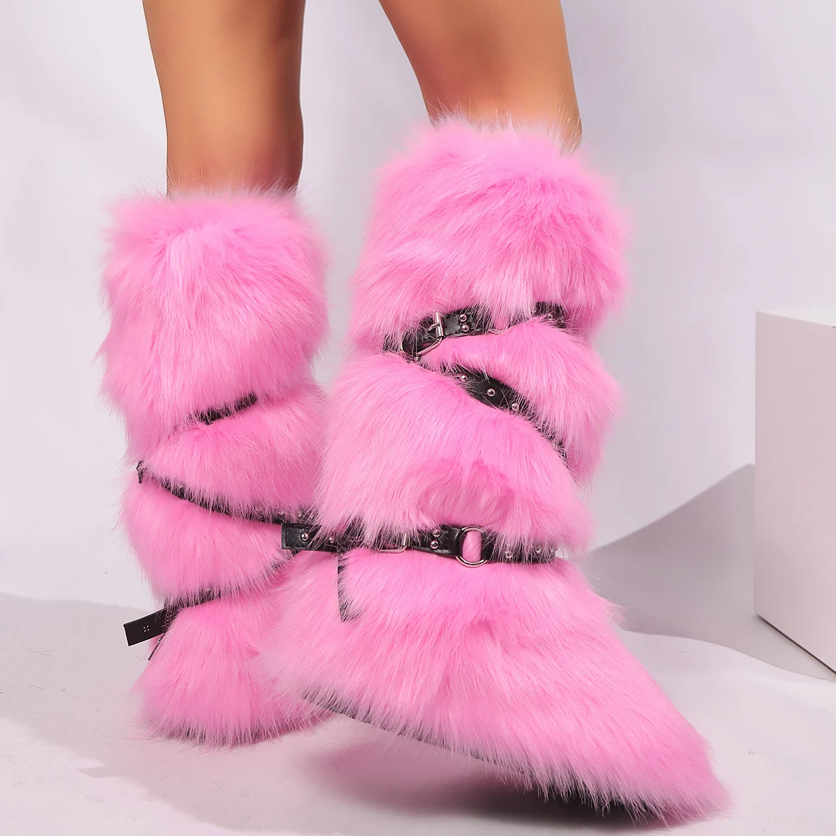 Red Animal Fur Belt Buckle Mid-Calf Boots Platform Round Toe Plush Warm Winter Women's Boots Slip On Rivet Runway Shoes Sexy