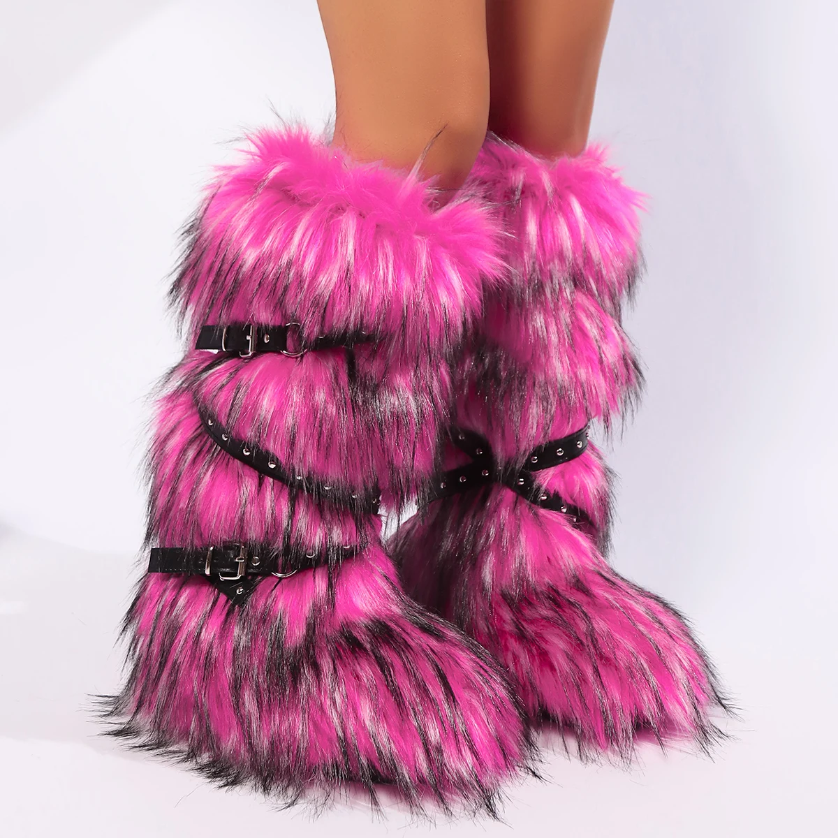 Red Animal Fur Belt Buckle Mid-Calf Boots Platform Round Toe Plush Warm Winter Women's Boots Slip On Rivet Runway Shoes Sexy