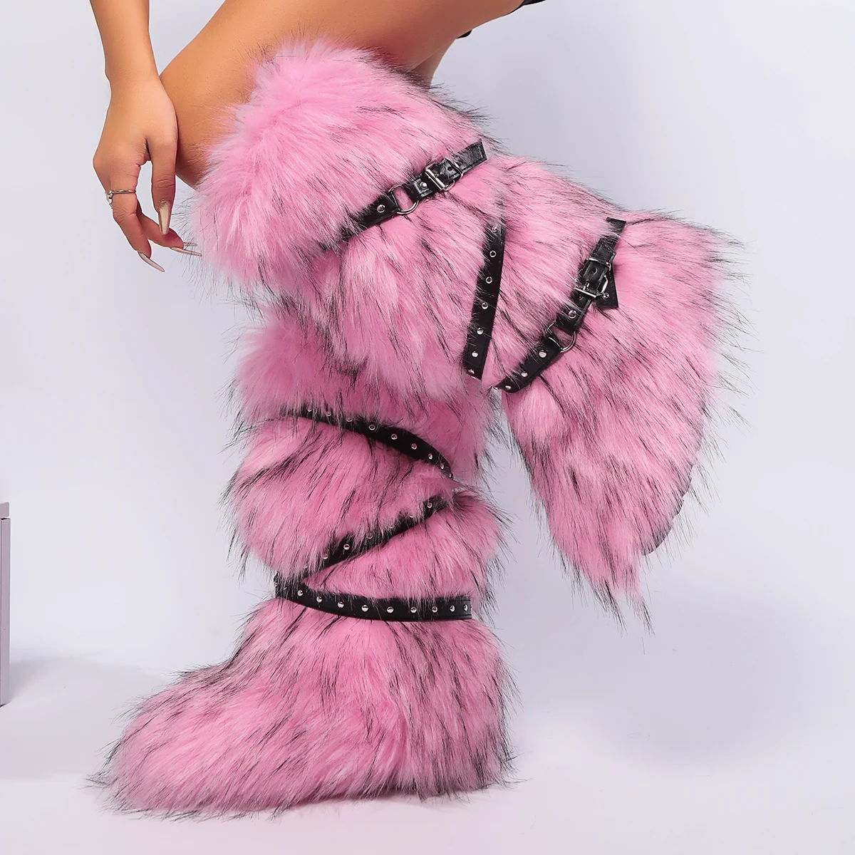 Red Animal Fur Belt Buckle Mid-Calf Boots Platform Round Toe Plush Warm Winter Women's Boots Slip On Rivet Runway Shoes Sexy
