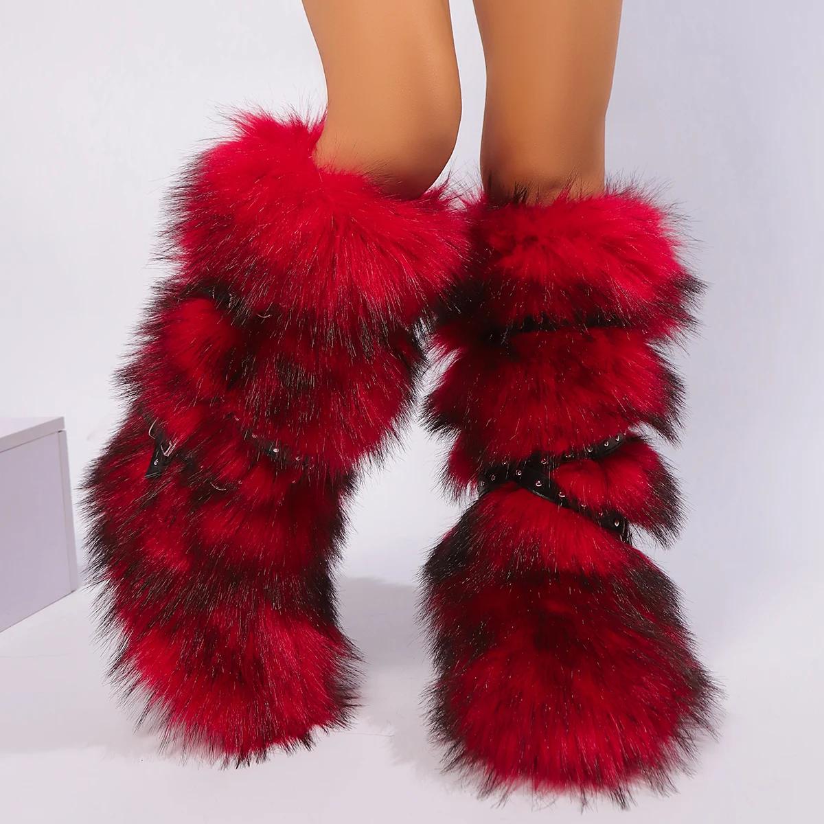 Red Animal Fur Belt Buckle Mid-Calf Boots Platform Round Toe Plush Warm Winter Women's Boots Slip On Rivet Runway Shoes Sexy