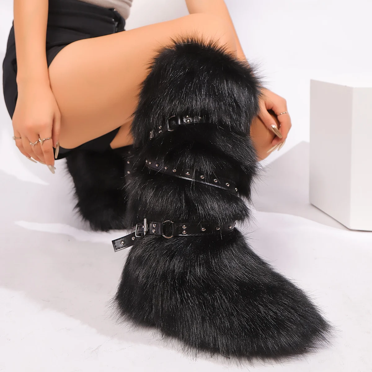 Red Animal Fur Belt Buckle Mid-Calf Boots Platform Round Toe Plush Warm Winter Women's Boots Slip On Rivet Runway Shoes Sexy