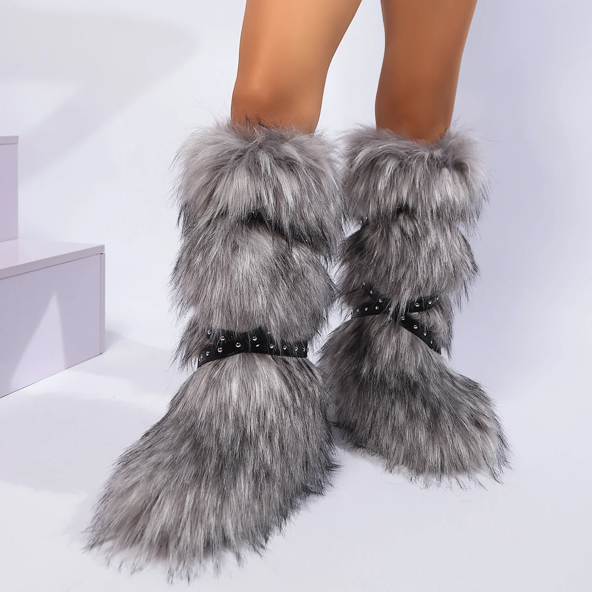 Red Animal Fur Belt Buckle Mid-Calf Boots Platform Round Toe Plush Warm Winter Women's Boots Slip On Rivet Runway Shoes Sexy