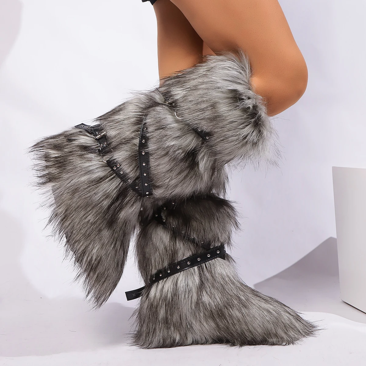 Red Animal Fur Belt Buckle Mid-Calf Boots Platform Round Toe Plush Warm Winter Women's Boots Slip On Rivet Runway Shoes Sexy