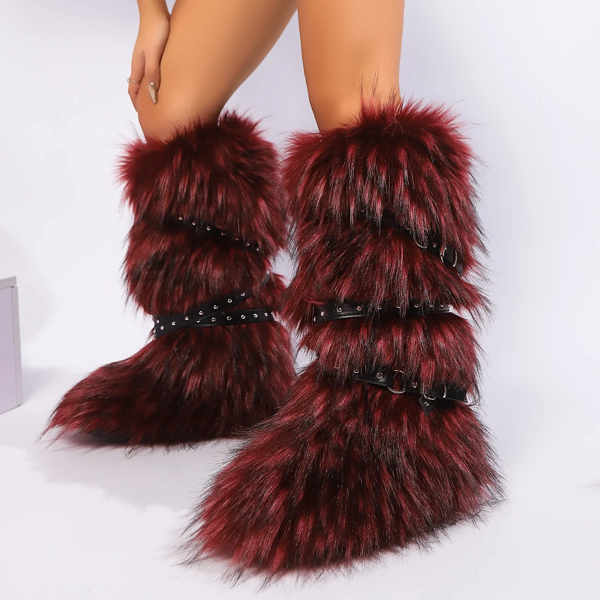 Red Animal Fur Belt Buckle Mid-Calf Boots Platform Round Toe Plush Warm Winter Women's Boots Slip On Rivet Runway Shoes Sexy