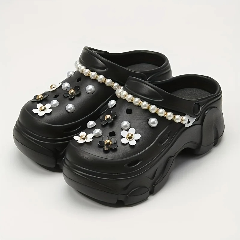 Fashion EVA Clogs, Removable DIY Platform Height-Boosting Clogs with Pearl Chains, Pearls & Black-White Flower Charms, All-Seaso