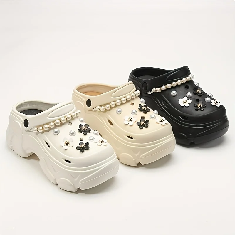 Fashion EVA Clogs, Removable DIY Platform Height-Boosting Clogs with Pearl Chains, Pearls & Black-White Flower Charms, All-Seaso