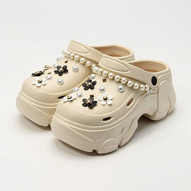 Fashion EVA Clogs, Removable DIY Platform Height-Boosting Clogs with Pearl Chains, Pearls & Black-White Flower Charms, All-Seaso