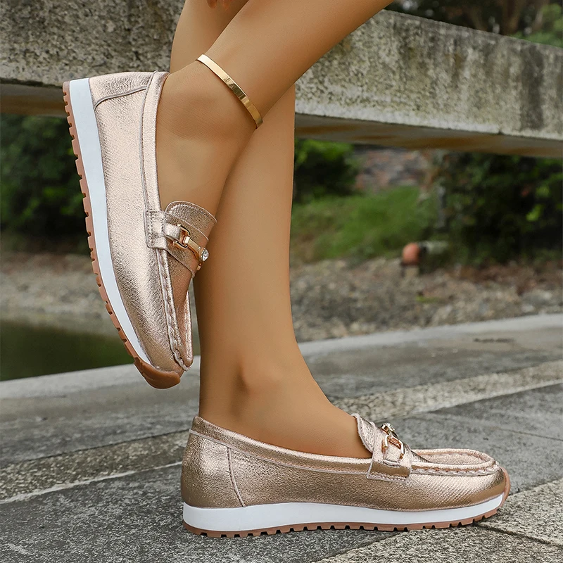 Gold Silver Metal Chain Flats Shoes Women Spring Autumn Plus Size Platform Loafers Woman Slip On Soft Bottom Casual Shoes Female