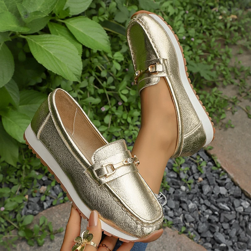 Gold Silver Metal Chain Flats Shoes Women Spring Autumn Plus Size Platform Loafers Woman Slip On Soft Bottom Casual Shoes Female