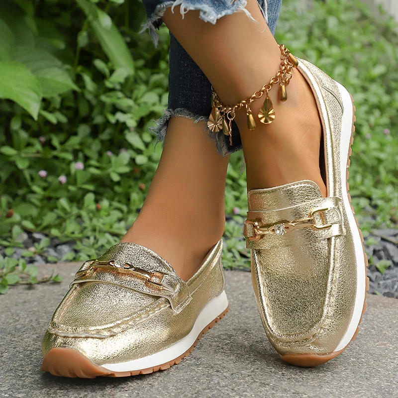 Gold Silver Metal Chain Flats Shoes Women Spring Autumn Plus Size Platform Loafers Woman Slip On Soft Bottom Casual Shoes Female