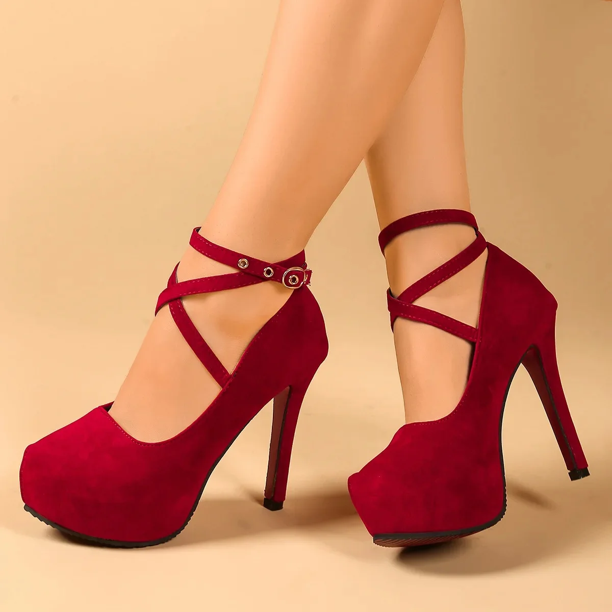 Fashionable Pointed Toe High Heels with Belt Buckle Thick Heel Women's Shoes Spring New Style Large Size Low Heel Single Shoes